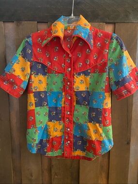 Vintage Patchwork Short-Sleeve Snap Down Shirt - Multicolor